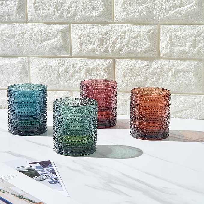 Khen Plastic Hobnail Drinking Glasses Set of 4 Neutral Tones Cups 14oz, Shatterproof & Unbreakable Acrylic Beaded Design, BPA-Free, Dishwasher Safe Indoor/Outdoor Drinkware for Water, Juice, Cocktails