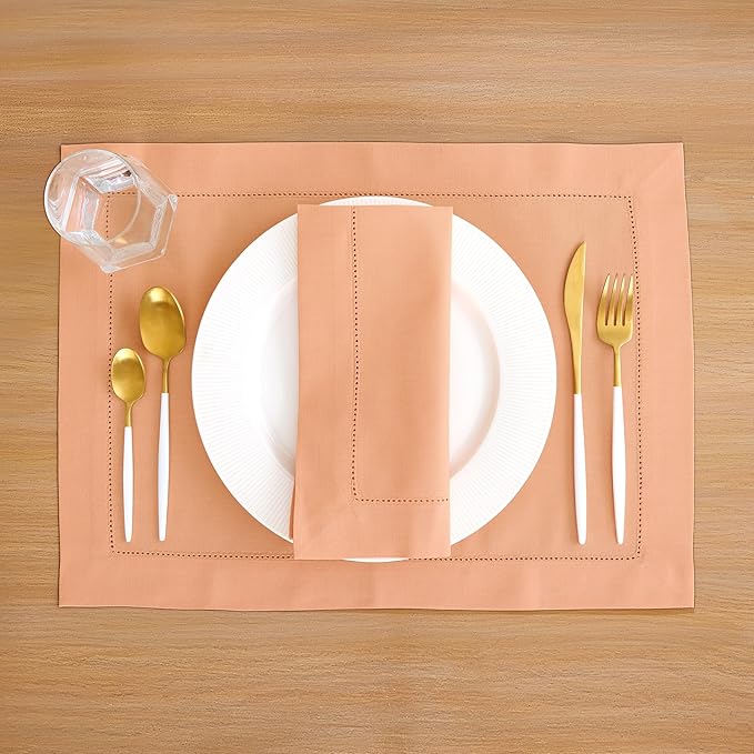 Solino Home Cotton Linen Napkins Set of 4 - Hemstitch Peach Bloom Dinner Napkins Cloth 20 x 20 Inch for Valentines - Handcrafted and Machine Washable