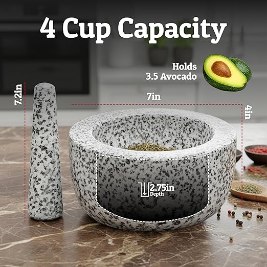 Priority Chef Heavy Duty Extra Large Mortar and Pestle Set, 4 Cup, Hand Carved from Natural Granite, Make Fresh Guacamole, Salsa, Pesto, Stone Grinder Bowl, Herb Crusher, Spice Grinder, Grey