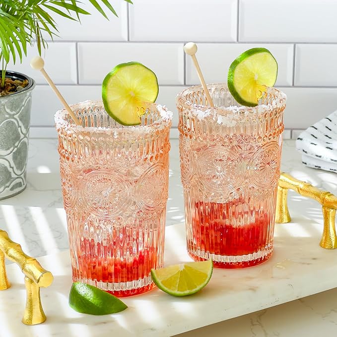Kate Aspen Vintage Textured Rose Gold Striped Drinking Glasses Set of 6, (13 oz) Ribbed Glassware Set | Cocktail Set, Ice Tea Glasses, Juice Glass, Water Cups