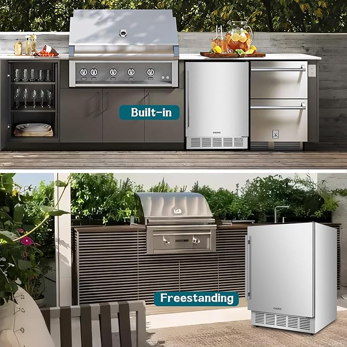 24" Outdoor Beverage Cooler Fridge - Undercounter Refrigerator, Stainless Steel Seamless Door - Holds 180 Cans, Powerful Cooling Compressor - Patio Kitchen, Commercial Use