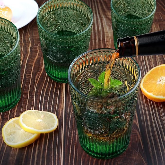 Loivttvv 6pcs Vintage Drinking Glasses Set, 12 oz Atroviens Highball Glasses, Embossed Ribbed Glassware Cups for Cocktail, Water, Juice, Coffee, Whiskey