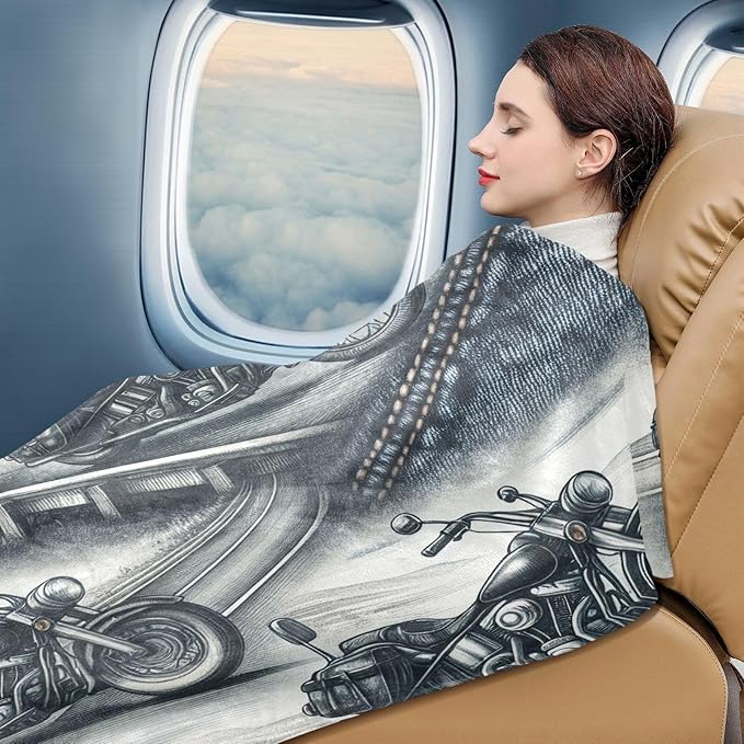 High Way Motorcycles Travel Blanket Glowing in The Dark, Soft 2 in 1 Airplane Blanket 65" x 55", Foldable as Pillow, Luggage Sleeve & Backpack Clip