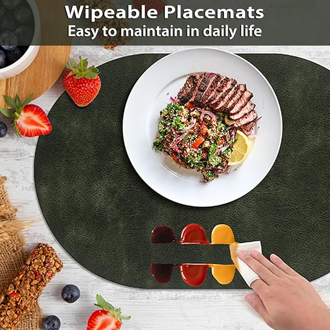 ADRIMER Placemats, Heat Resistant Oval Placemats Set of 6 Washable 12 x 17 Inch, Waterproof Table Mats, Wipeable Pu Place Mats for Kitchen, Dining Room, Olive Green