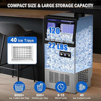 Commercial Ice Maker Machine 120 LBS/24H, 40 Ice Trays Freestanding & Undercounter Ice Machine Stainless Steel with 20 LBS Ice Storage Capacity, Ice Maker with Water Line and Filter, Dual Water Inlet