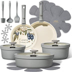 Carote 20pcs Ceramic Cookware Set with Detachable Handles, Pots and Pans Set Non Stick, RV Kitchen Cooking Pot and Pan, Dishwasher Safe, Non-toxic Induction Cookware PFAS and PFOA Free, Grey