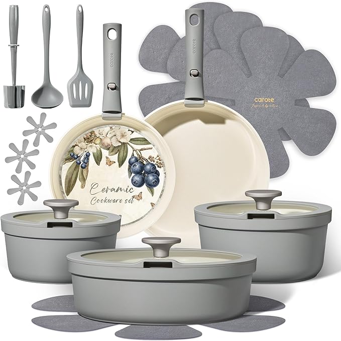 Carote 20pcs Ceramic Cookware Set with Detachable Handles, Pots and Pans Set Non Stick, RV Kitchen Cooking Pot and Pan, Dishwasher Safe, Non-toxic Induction Cookware PFAS and PFOA Free, Grey