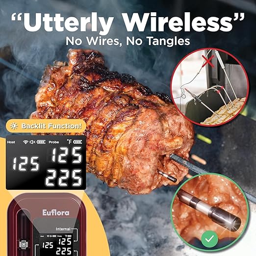 Wireless Meat Thermometer with Digital Meat Probe, Measures Internal & Ambient Temp, 800FT Bluetooth Meat Thermometer with Host Control for Barbecue, Outdoor Grilling, Oven & Smoker (Red)