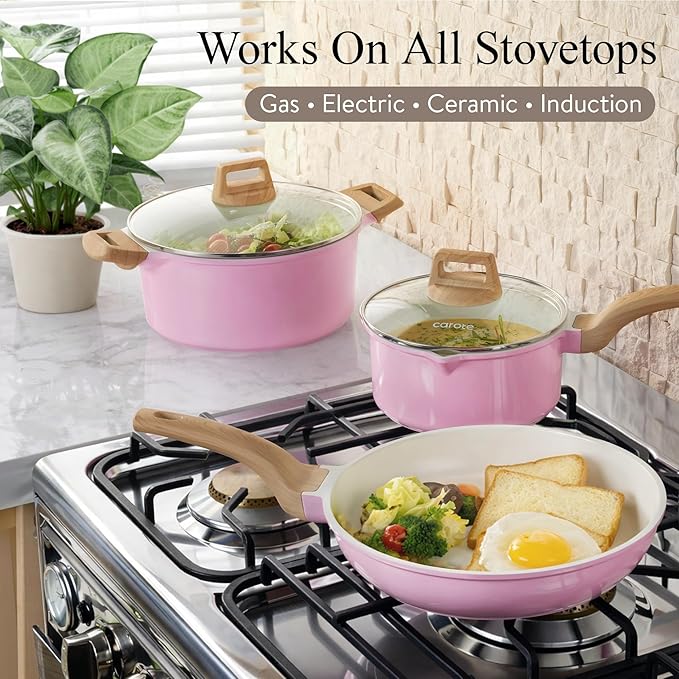 CAROTE Ceramic Cookware Set, 14 PCS Pots and Pans Set Non Stick, Pot and Pan Set with Frying pan, Induction Ready Cooking Set for Kitchen, PFOS/PFOA/PFAS Free, Pink