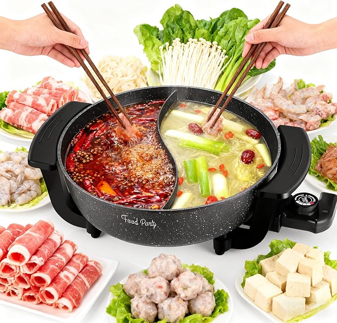 Food Party Electric Hot Pot with Divider Hotpot Pot Electric Hopot Cooker Shabu Shabu Pot 110V 1200W Non-Stick 6-Quart BPA FREE Fondue Chinese Hot Pot