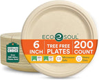 ECO SOUL Compostable Paper Plates 6 Inch (200 Count) Plates for Christmas Dessert, Heavy Duty, Eco-Friendly Sugarcane Bagasse Small Plates For Appetizer- Natural Brown