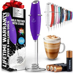 Zulay Kitchen Patented Tornado Triple Whisk Milk Frother with 4 Duracell Batteries – Handheld Foam Maker for Coffee, Lattes, Matcha & Hot Chocolate – Rich, Creamy Froth in Seconds - Purple