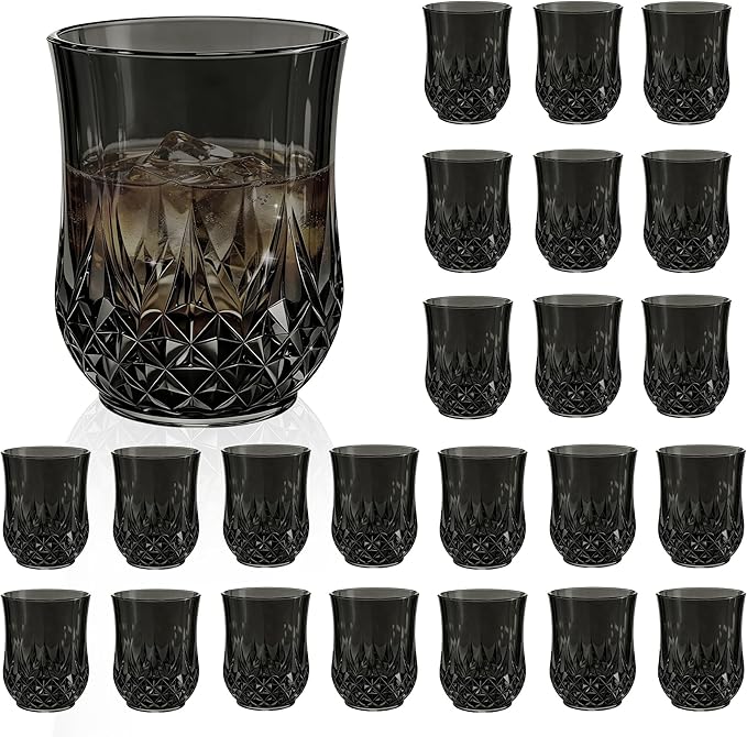 24 Pack Plastic Stemless Wine Glasses,12oz Unbreakable Vintage Elegant Drinking Glass Set,Reusable Fancy Cocktail Cups for Party, Wedding, and Bulk Events (24, 12oz-Black)