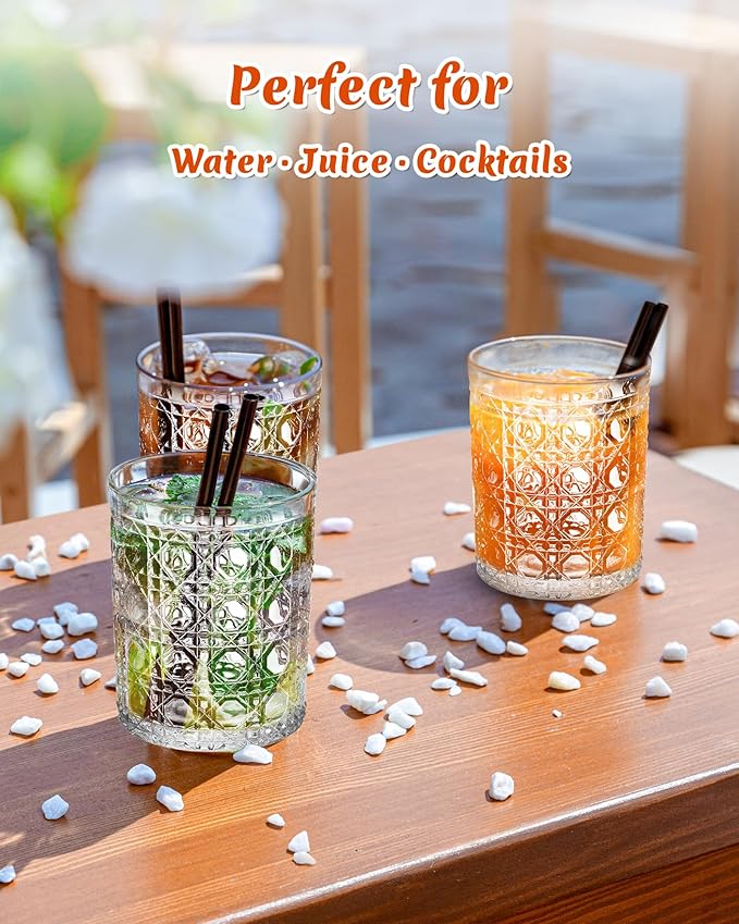 Vintage Hexagon Gemstone Pattern Drinking Glasses Set of 6, 12 oz Embossed Short Water Glasses, Clear Thick Glass Cups for Juice, Iced Coffee, Cocktails, Home & Party Use