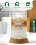 Vintage Dot-Pattern Drinking Glasses Set of 6 – 13 oz Clear Highball Glass Cups – Embossed Textured Glassware with Anti-Slip Design for Water, Juice, Cocktails – Thick Glass, Dishwasher Safe