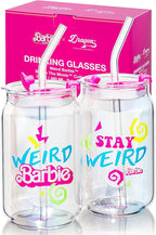 Dragon Glassware x Barbie The Movie - 16 oz Glass Cups with Lids and Straws, Set of 2 - Iced Coffee Cups with Lids - Versatile Glass Tumbler with Straw and Lid for Hot or Cold Drinks - Weird Barbie