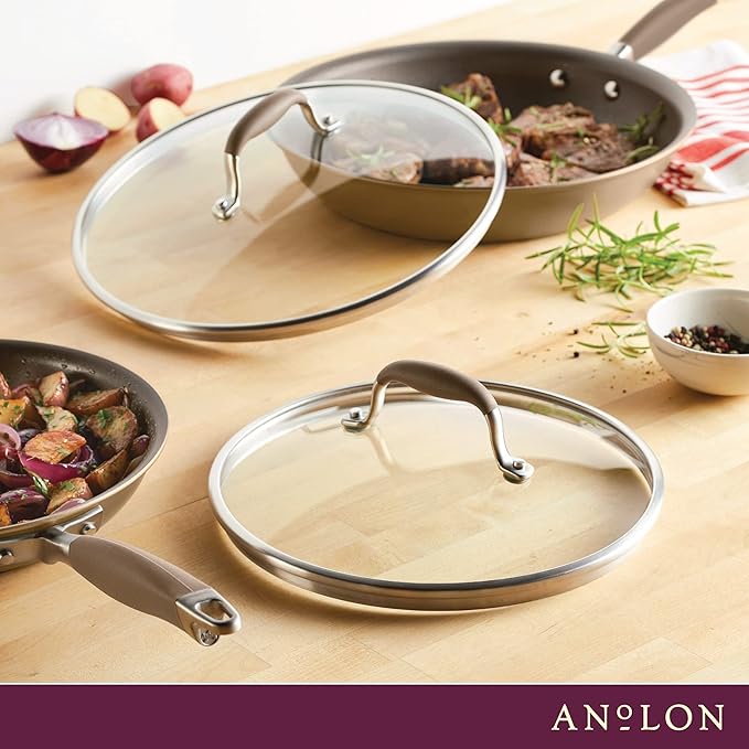 Anolon Advanced Home Glass Lids, Stainless Steel and Silicone Handles, 2 Piece, 10 Inch and 12 Inch Lid Set, Bronze
