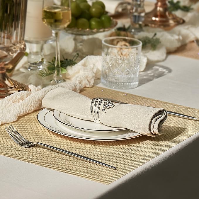 Leetaltree Luxury Gold Sequin Placemats Set of 6 - Waterproof Washable for Wedding, Anniversary, Daily Use - Sparkling Table Decor - Hand-Cut