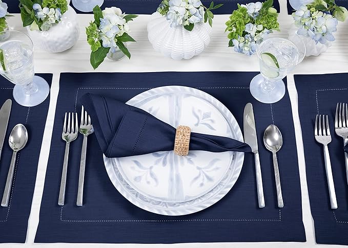 Solino Home Linen Cloth Placemats Set of 6-100% Pure Linen Hemstitch Navy Blue Placemats 14 x 19 Inch - Classic Hemstitch Table Place Mats for Holiday, Winter, New Year