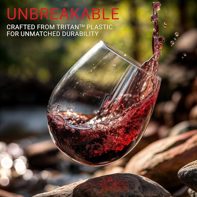Bravario Unbreakable Stemless Plastic Wine Glasses | Reusable | Shatterproof 100% Tritan Plastic | Dishwasher-Safe | BPA-free | Awesome for Indoor & Outdoor | 13 oz, Set of 4