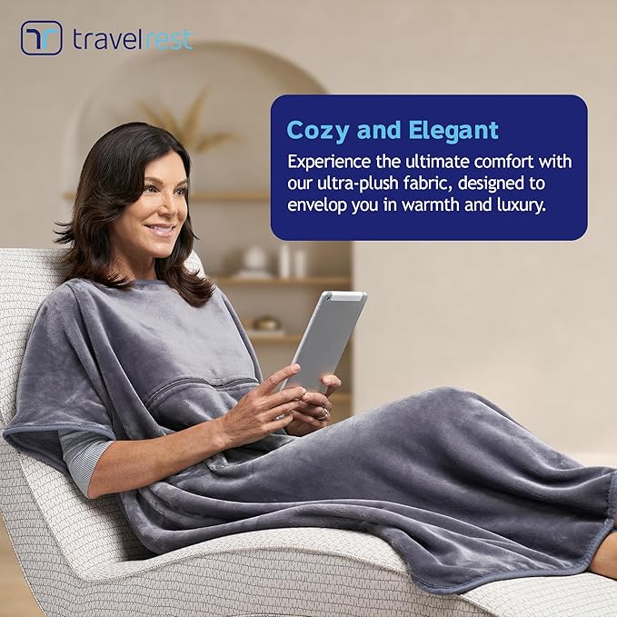 TRAVELREST 4-in-1 Travel Blanket – Wearable Blanket, Pillow & Body Wrap, Lightweight, Compact & Cozy with Carry Case, Travel Friendly, Comfort, Ideal for Airplanes, Long Flights, Road Trips - Gray