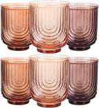 JOVGANK Amber Vintage Drinking Glasses Set of 6-14Oz Brown Glass Drinking Glasses, Art Deco Ripple Highball Glass, Whiskey Cocktail Glasses for Bar Coffee Juice, Housewarming and Mother's Day Gift