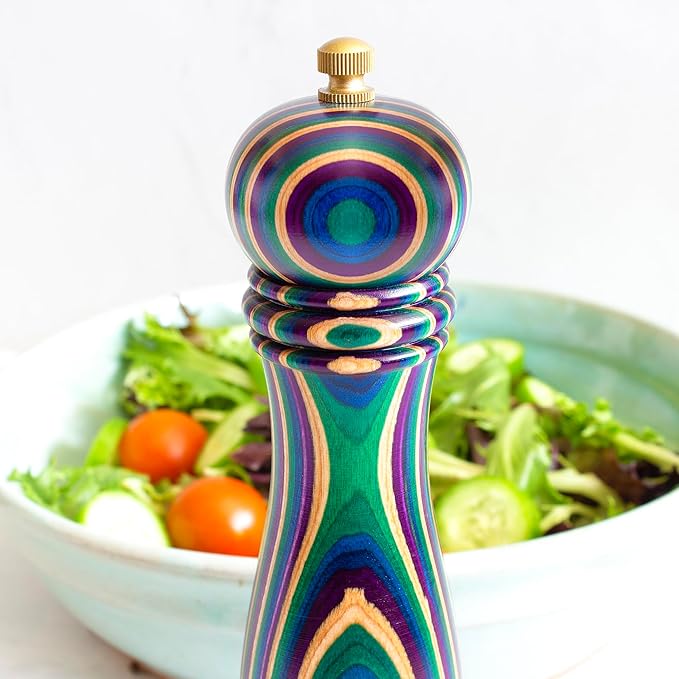 Baltique Mumbai Pepper Grinder – 8 Inch Colorful Wooden Pepper Mill with Adjustable Stainless Steel Grinding Mechanism – Manual Wood Pepper Grinder for Kitchen or Table Use