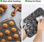 Beasea Nonstick Mini Muffin Pan 24 Cups, 2 Pack 24 Mini Small Tiny Cup Non Stick Muffin Baking Pan Tin Tray Carbon Steel Bakeware Individual Cupcake Baking Pan - Black