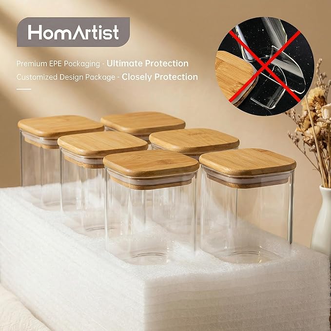 HomArtist Square Glass Jars with Bamboo Lids 30 FL OZ [Set of 6], Glass Canisters with Airtight Lid, Glass Food Storage Container for Pasta, Flour, Sugar, Rice, Best for Kitchen & Pantry
