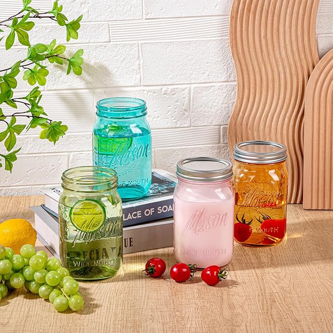 WELLIFE 32 Oz Mason Jars-6PCS Colored Mason Jars with Lids.Safe for Storage,Quart Mason Jars Wide Mouth.Pickling, Preserving, Fermenting, DIY Crafts & Decor