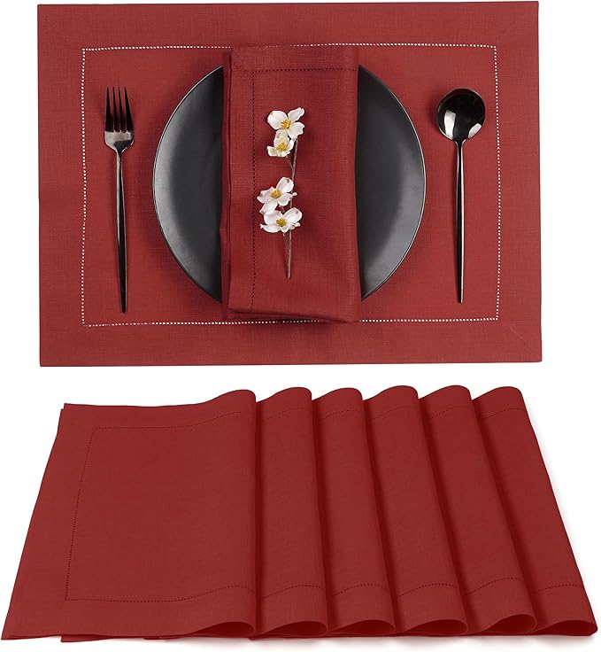 D'Moksha Homes Red Linen Placemats Set of 6 - Classic Hemstitch Placemats 14 x 19 Inch - 100% Pure Linen Table Mats for Valentines, Holiday, New Year - Handcrafted and Machine Washable
