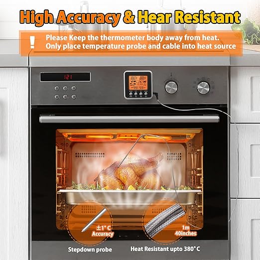 Digital Meat Thermometer for Oven, Food Thermometer with Large LCD, Backlight, Kitchen Timer, Temperature/Time Alarm for Smoker, BBQ, Barbecue, Cookware