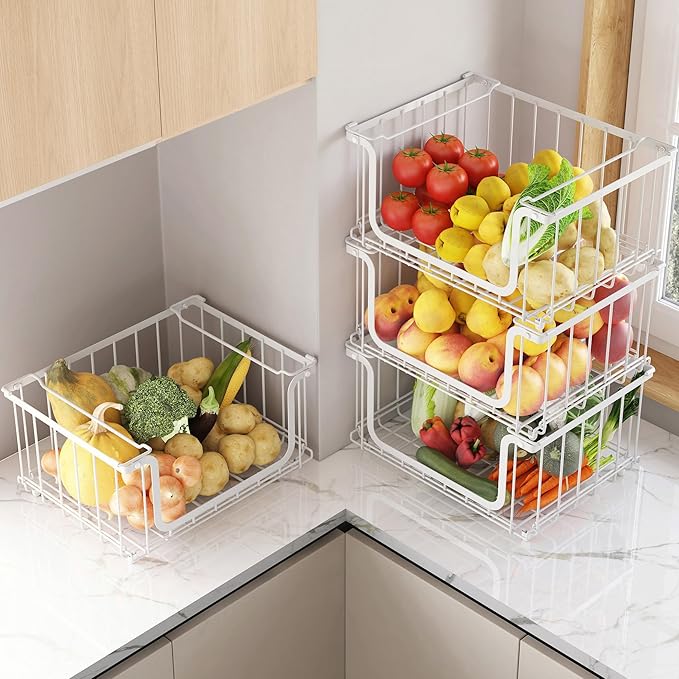 UMDONX 4 Pack Stackable Wire Baskets Storage Bins for Fruits, Vegetables, Potatoes & Onions | Pantry, Countertop, Laundry Organizer | Heavy Duty & Space Saving White