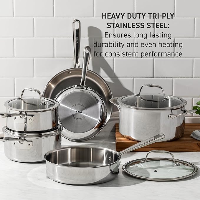 T-Fal Pro Tri-Ply Stainless Steel Large Dutch Oven Pot with Lid, 6 Quart Induction Pot, Oven Safe 500F, Lid 350F, Fast & Even Heat, Professional Quality & Durability, Silver