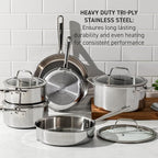 T-Fal Pro Tri-Ply Stainless Steel Saute Pan with Lid, 3 Quart, Induction Pot, Oven Safe 500F, Lid 350F, Deep Frying Pan, Fast & Even Heat, Professional Quality, Durable, Silver