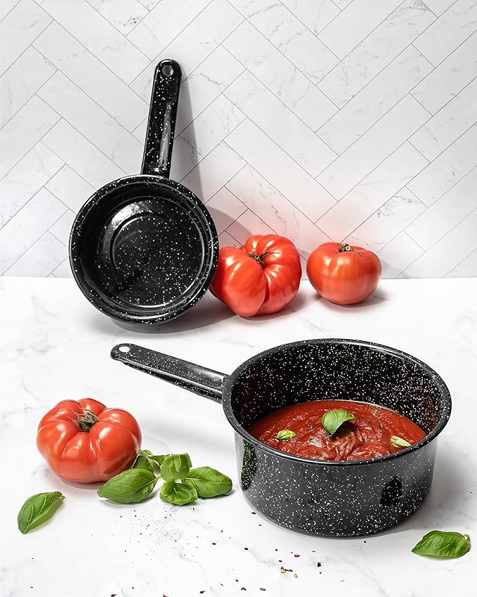 Granite Ware Non-Stick Saucepan Set with Steel Core, 1 & 2 Quart - Durable & Scratch-Resistant Pot for Soups and Sauces - Fast, Even Heating - Non-Toxic Cookware Essentials (Speckled Black)