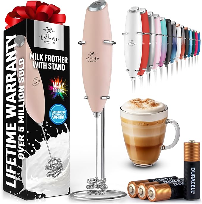 Zulay Kitchen Patented Tornado Triple Whisk Milk Frother with 4 Duracell Batteries – Handheld Foam Maker for Coffee, Lattes, Matcha & Hot Chocolate – Rich, Creamy Froth in Seconds - Spritz Pink