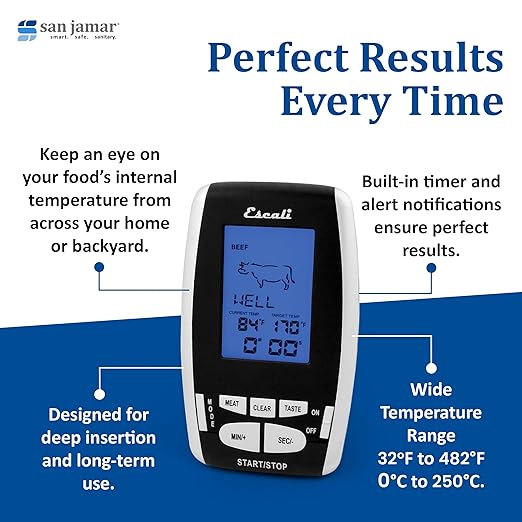 San Jamar Escali Plastic Wireless Thermometer & Timer, Custom Alerts, Stainless Steel Probe with 200ft Range for Commerical Kitchen, Black