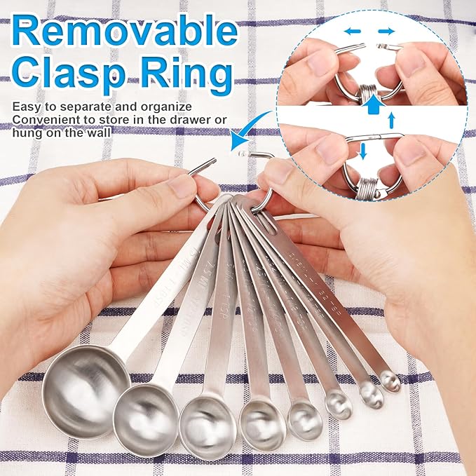 Upgrade 9 PCS Stainless Steel Measuring Spoons Set, Small Tablespoon, Teaspoons, Set 8 with Bonus Leveler for Dry and Liquid, Fits in Spice Jars, 1/32 1/16 1/8 1/4 1/2 1 tsp, 1/2 1 tbsp