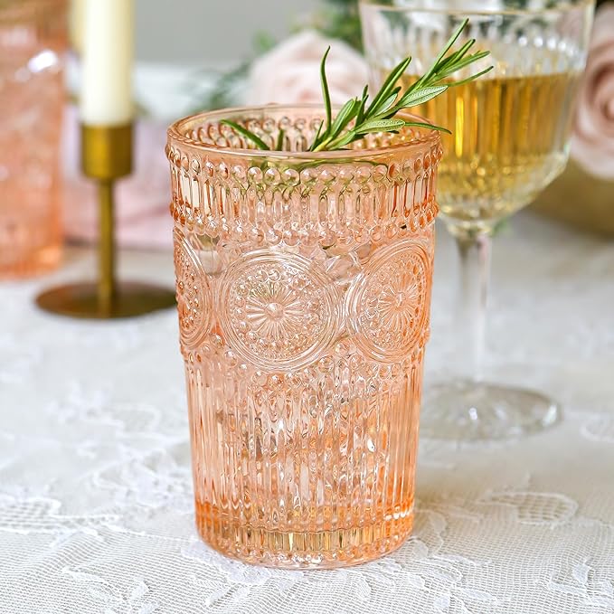 Kate Aspen Vintage Textured Rose Gold Striped Drinking Glasses Set of 6, (13 oz) Ribbed Glassware Set | Cocktail Set, Ice Tea Glasses, Juice Glass, Water Cups