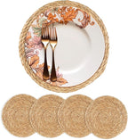 Round Woven Placemats 13 inch Set of 4 - Boho Rattan Placemats Natural Water Hyacinth Placemat, Farmhouse Weave Place Mats, Rustic Braided Wicker Table Mats for Dining Table,Home,Wedding