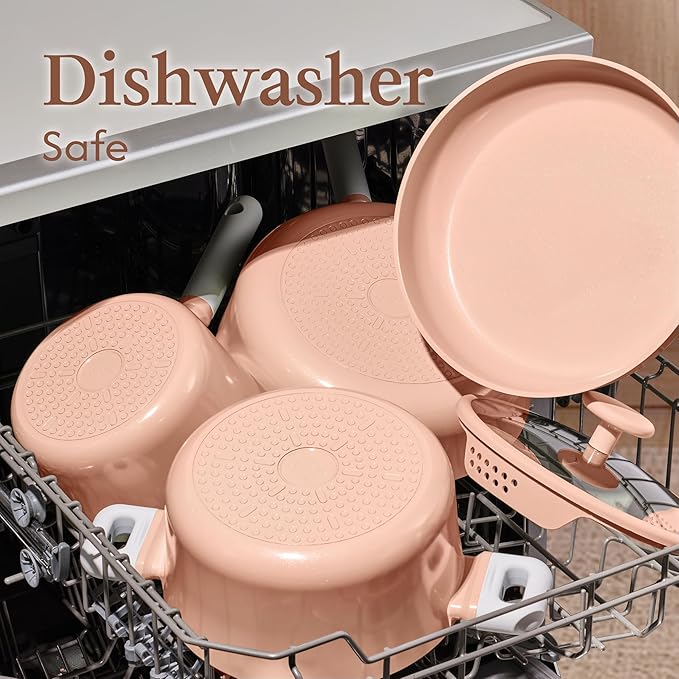 CAROTE Ceramic Cookware Set Nonstick, 9pcs Pots and Pans Set Non stick, Non-Toxic & PFAS-Free,Dishwasher, RV/Camping Cookware Set,Sauce Pan with Lid, Pink