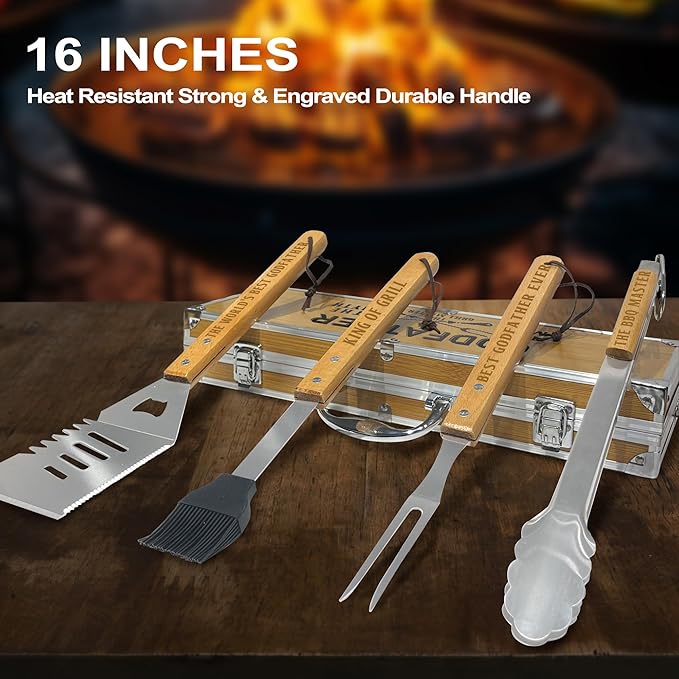 Godfather Gift, Christmas for Godfather Heavy Duty Wooden BBQ Grilling Accessories Kit for Backyard, Thick Stainless Steel Grill Utensils with Non-Slip Handle Tools in Portable Bag Birthday