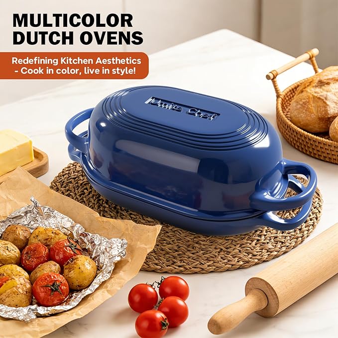 Enameled Cast Iron Dutch Oven for Bread Baking - incl. Sourdough Bread-Baking Supplies like Banneton Bread-Proofing Basket - 5QT Loaf Cast Iron Bread Oven Pan with Lid Meatloaf Pan with Lid, Sour Sough Tools, Lame(Blue）