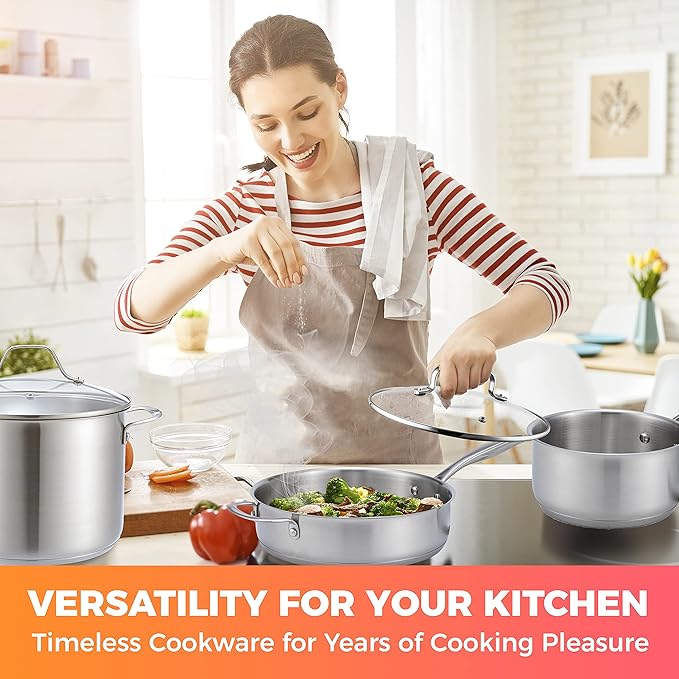 Mueller Pots and Pans Set 11-Piece, Ultra-Clad Pro Stainless Steel Cookware Set, Ergonomic and EverCool Stainless Steel Handle, Includes Saucepans, Skillets, Stockpot, Saute Pan, Steamer
