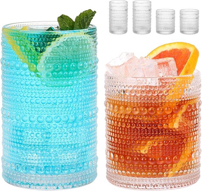 Moretoes 4 Pack Hobnail Drinking Glasses Set, 12 Oz Highball Glasses & 10 Oz Cocktail Glasses, Clear Embossed Water Glass Cups Kitchen Bar Tumbler Glassware Set for Whiskey, Beer, Juice, Milk
