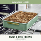 GreenPan Bakeware 13” x 9” Rectangular Cake Pan, Ceramic Nonstick Baking Pan, PFAS & BPA Free, Gold Handles, Durable Steel, Freezer to Oven Dish, Scratch Resistant, Bake & Roast Ovenware, Sage Green