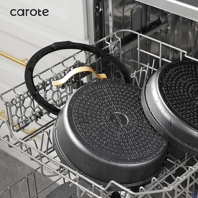 CAROTE 20pcs Pots and Pans Set Non Stick, Nonstick Cookware Set, Dishwasher/Oven/Fridge Safe Pots and Pans, Removable Handle RV Oven Safe Cookware, Induction Kitchen Set, Black