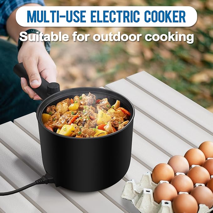 Topwit Hot Pot Electric with Steamer, 1.5L Ramen Cooker, Non-Stick Sauté Pan, Portable Cooking Pot, Electric Cooker with Dual Power Control, BPA Free, Over-Heating & Boil Dry Protection, Black