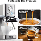 Zulay Kitchen Magia Compact Espresso Machine – 20 Bar Coffee Maker with Milk Frother Steam Wand, Latte & Cappuccino Maker, 1350W Fast Heating, 40oz Removable Water Tank, Stainless Steel – Silver